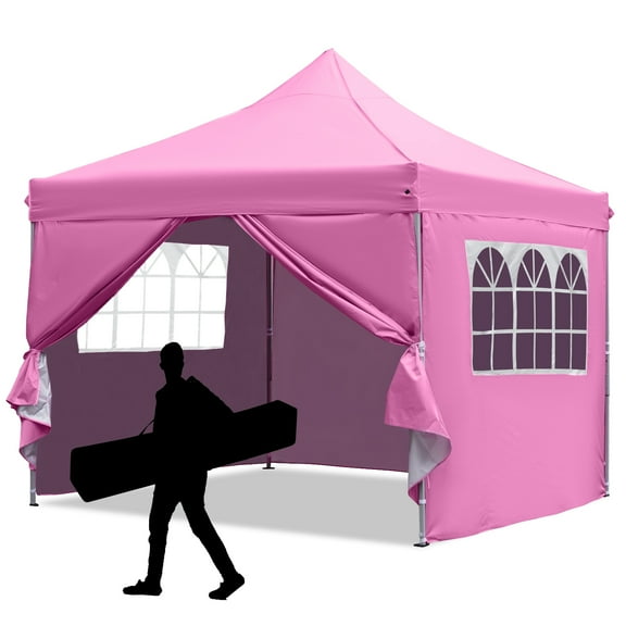 Outdoor Basic 10 x 10 ft Pop-up Tent Folding Instant Frame Canopy Terrace with 4 Sidewalls, Super-large Space, Waterproof and Sunscreen,Picnic Camping, Party Wedding, Barbecue Tent(Pink)