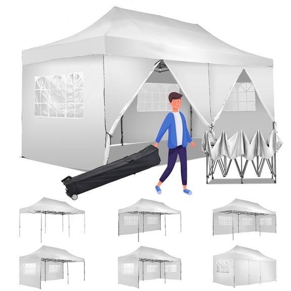 Outdoor Basic 10' x 20' Pop up Canopy Tent, Instant Heavy Duty Gazebo Tent with 6 Sidewalls/Wheeled Bag for Party Commercial Activity,Red