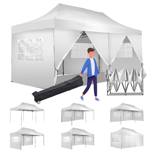 Outdoor Basic 10' x 20' Pop up Canopy Tent, Instant Heavy Duty Gazebo Tent with 6 Sidewalls/Wheeled Bag for Party Commercial Activity, White
