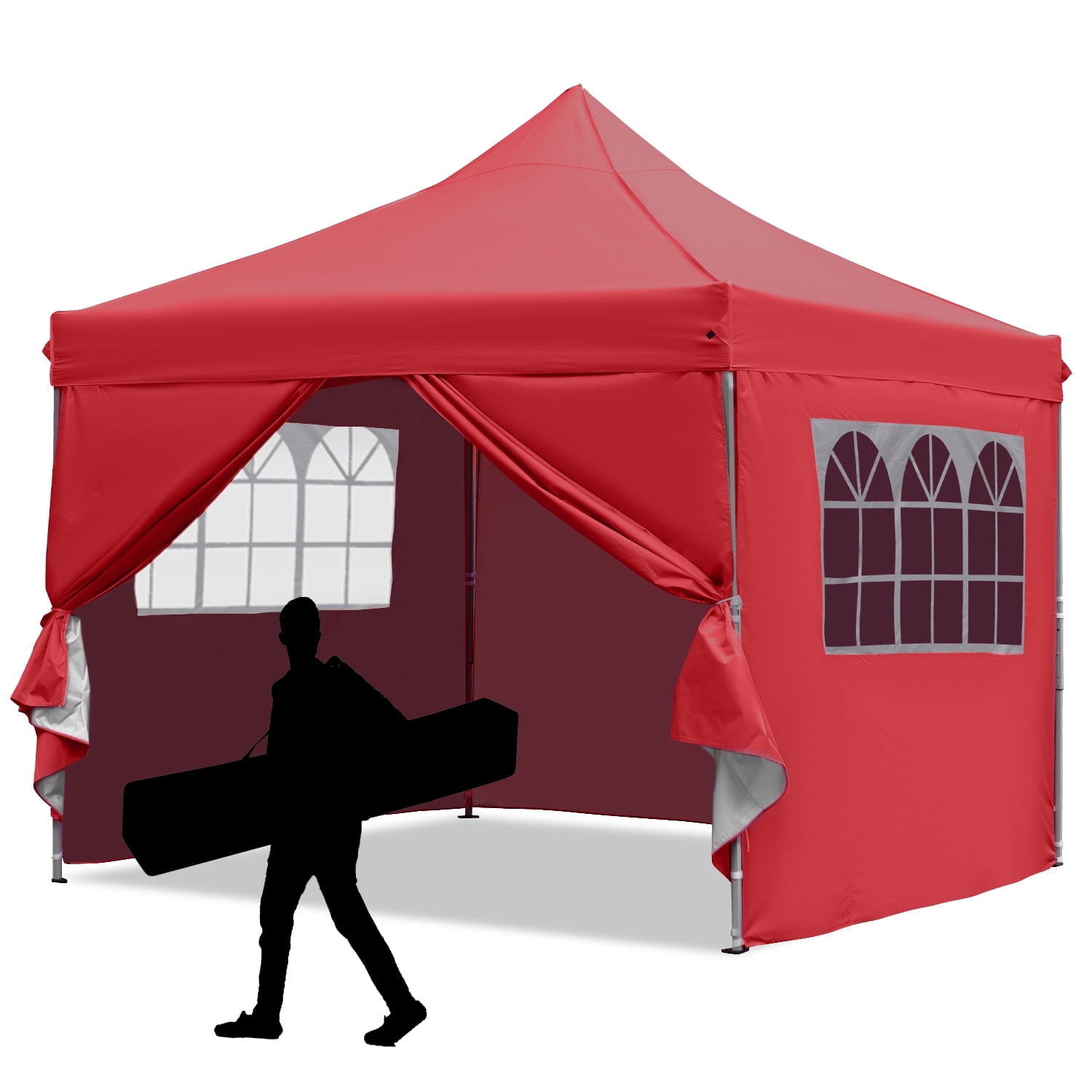 Outdoor Basic 10 x 10 ft Pop-up Tent Folding Instant Frame Canopy Terrace with 4 Sidewalls, Super-large Space, Waterproof and Sunscreen,Picnic Camping, Party Wedding, Barbecue Tent(Red)