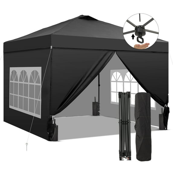 Outdoor Basic 10x10 Pop up Canopy Tent with One Push Setup and Sidewalls,Instant Shade Gazebos with Weighted Sandbags,Black