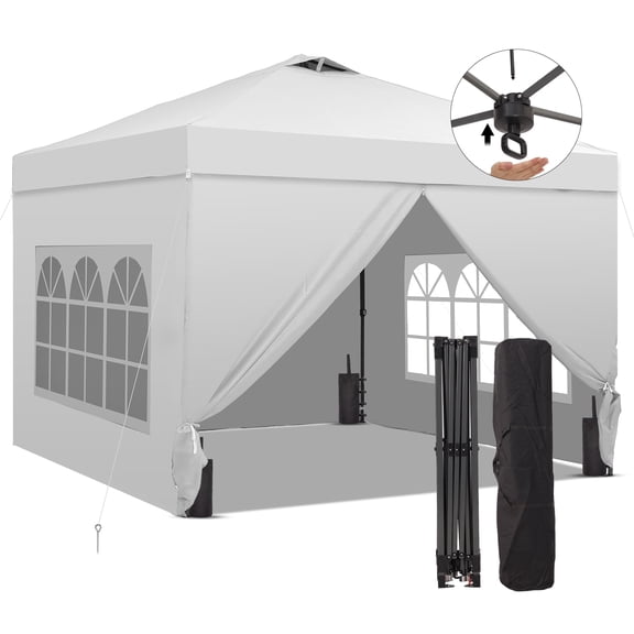 Outdoor Basic 10'x10' Easy Set Up Camping Canopy, Pop Up Canopy Tent with 4 Piece Sidewalls & Adjustable Height, for Events, Parties, Gatherings, Camping, White