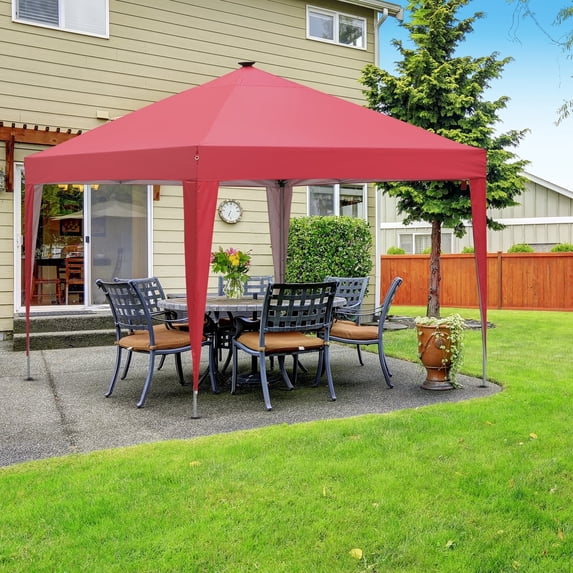 Outdoor Basic 10ft Instant Lighted Canopy Patio Pop up Gazebo Canopy Tent with Carry Bag and Remote Control, Solar Power and Batteries, Red