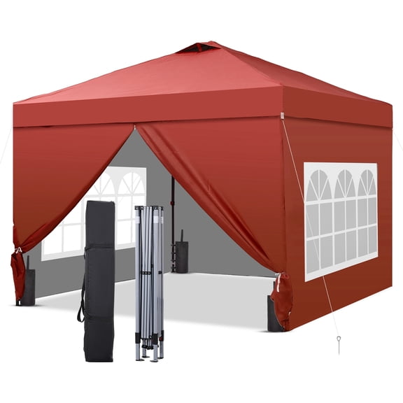 Outdoor Basic 10x10 Pop Up Canopy Tent with 4 Sidewalls, Easy Set up, Outdoor Silver Coated Beach Gazebos, Carpas with 4 Sandbags, for Outdoor, Parties,Camping, Red.