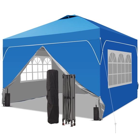 Outdoor Basic 10x10 Pop Up Canopy Tent with One Push Setup, Portable Sun Shade Tent, Instant Easy Up Canopy with 4-Sidewalls & Hand Bag, Outdoor Fldable Gazebo with Vent Top, Blue.