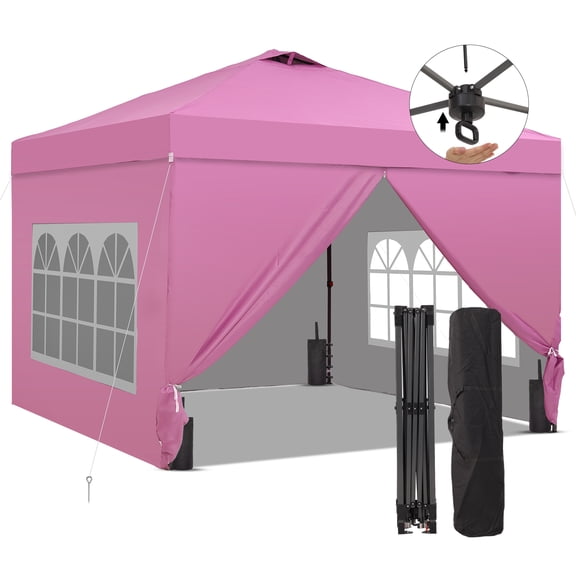 Outdoor Basic 10x10 Pop up Canopy Tent with One Push Setup and Sidewalls,Instant Shade Gazebos with Weighted Sandbags,Pink