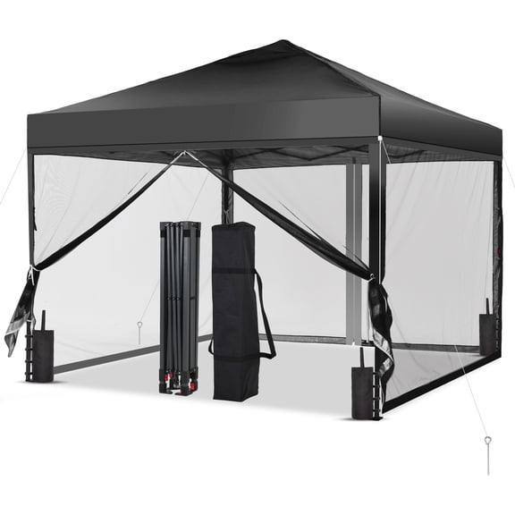 Outdoor Basic 10x10ft Pop-Up Canopy Tent with 4-Nettings & Vented Top, Portable Outdoor Event Tent for Garden, Poolside, Parks, Parties,Camping, Black