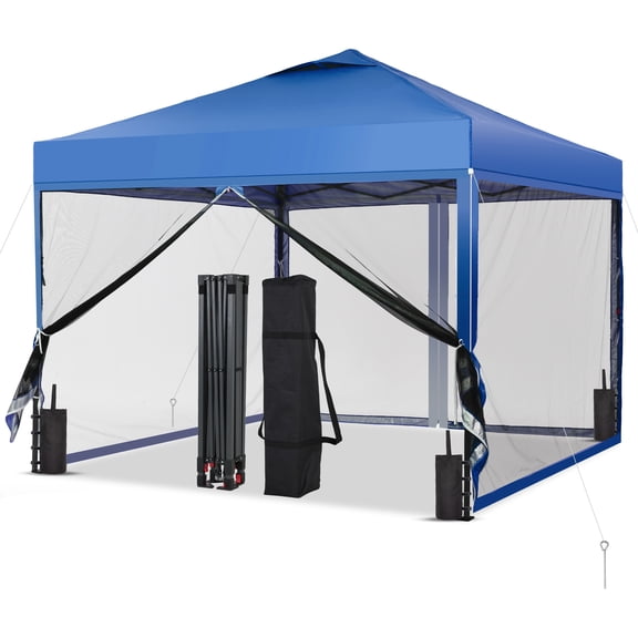 Outdoor Basic 10x10ft Pop-Up Canopy Tent with 4-Nettings & Vented Top, Portable Outdoor Event Tent for Garden, Poolside, Parks, Parties,Camping, Blue
