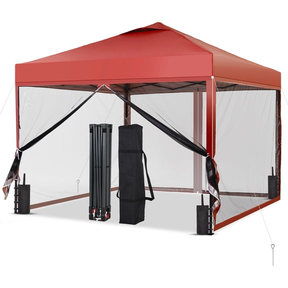 Outdoor Basic 10x10ft Pop-Up Canopy Tent with 4-Nettings & Vented Top, Portable Outdoor Event Tent for Garden, Poolside, Parks, Parties,Camping, Red
