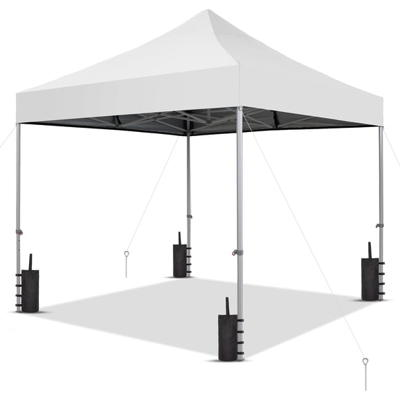 Outdoor Basic 10x10ft Pop Up Canopy, Thickened Frame Tent Canopy, Portable Storage Bag, 8 Stakes, 4 Ropes & 4 Sandbags, White