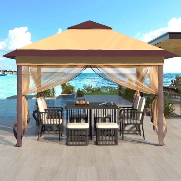 Outdoor Basic 11x11 ft Outdoor Patio Pop Up Canopy Gazebo with Heavy Duty Frame, Mosquito Netting & UV Protection,Brown