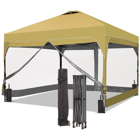 Outdoor Basic 12x12FT Pop Up Canopy Tent with One Push Setup, Easy Setup Gazebo with 4 PVC Transparent Sidewalls,Includes Wheeled Bag. for Events, Parties, Camping, Khaki.