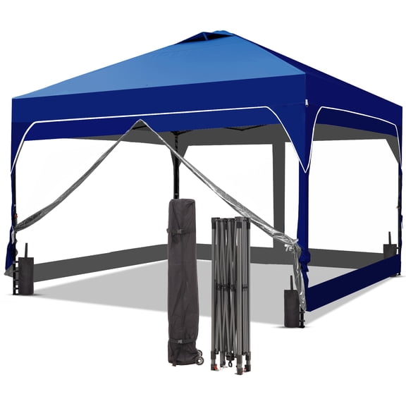 Outdoor Basic 12x12FT Pop Up Canopy Tent with One Push Setup, Easy Setup Gazebo with 4 PVC Transparent Sidewalls,Includes Wheeled Bag. for Events, Parties, Camping, Navy Blue.