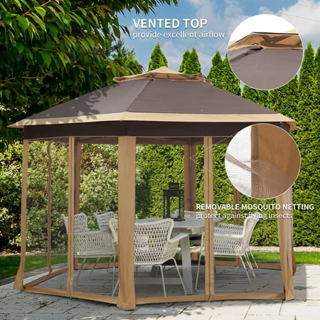 Outdoor Basic Lighted Portable 6-Sided Pop Up Gazebo Canopy with Mosquito Netting Patio Backyard Tent,Solar Power and Batteries