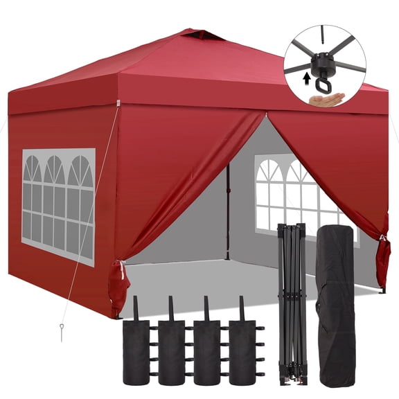 Outdoor Basic 10'x10' Pop up Canopy Tent with One Push Setup and Sidewalls,Instant Shade Gazebos with Adjustable Height,for Patio Deck Garden and Beach,Red