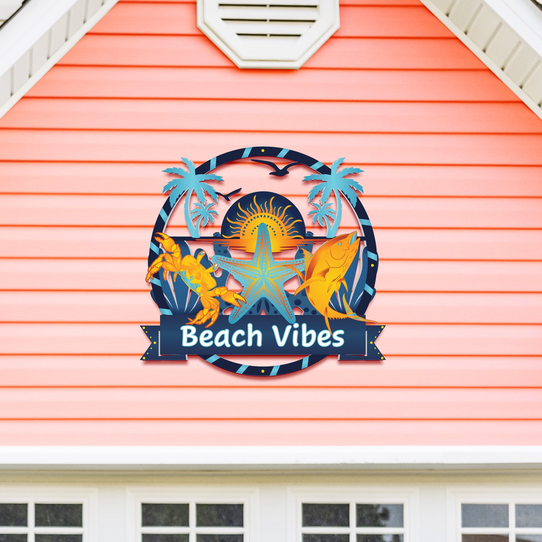 Outdoor Beach House Wall Art – Round PVC Sign with Palm Trees & Ocean ...