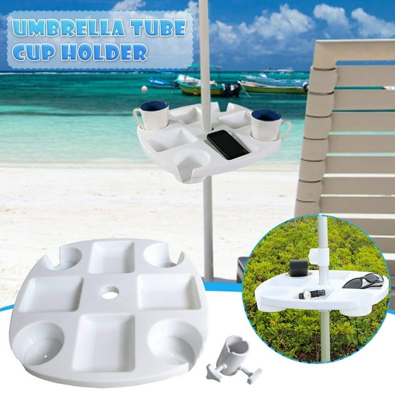 Outdoor Beach Umbrella Table Tray with Cup Holder | White Plastic Side Table for Drinks & Snacks | Fits 38Mm Umbrella Poles | Picnic, Backyard & Patio Accessory