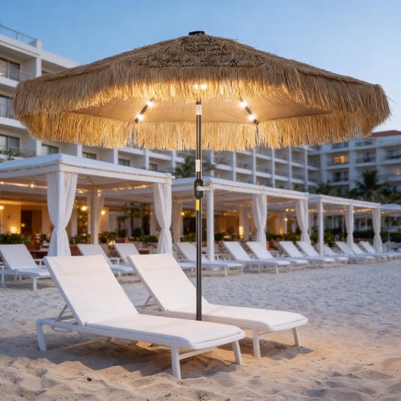 Outdoor Beach Umbrella with Solar LED Lights Straw Tassel Design UPF 30+ Tilted Patio Umbrella Khaki Black