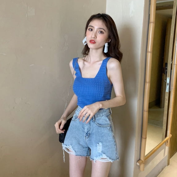 Outdoor Beach Vacation Sweet Casual Spice Girl Women Trendy Vest Sleeveless Tank Top Short Top Backless Sling BLUE