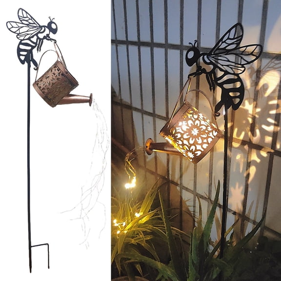 Outdoor Bee Silhouette Hanging Lantern Solar Watering Can Garden Fairy Lights, Yard Decoration Accessories Women Mom Grandma Birthday Gifts, Retro Metal Kettle Lantern Driveway Pathway Decor,Honeybee