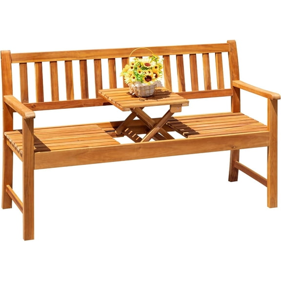 Outdoor Bench, 2-Person Garden Bench, Patio Wood Bench Outdoor Loveseat with Pull-Out Center Table for Backyard, Balcony and Patio and Garden (Log Color)