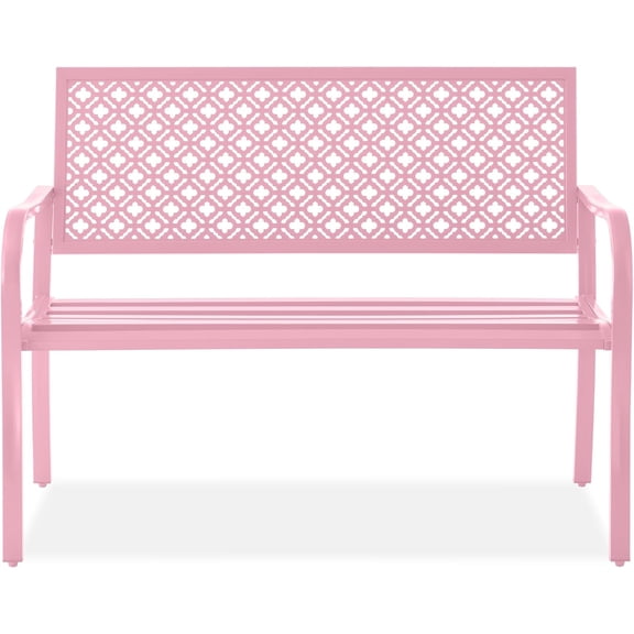 Outdoor Bench 2-Person Metal Steel Benches Furniture for Garden, Patio, Porch, Entryway w/Geometric Backrest, 790lb Capacity - Pink