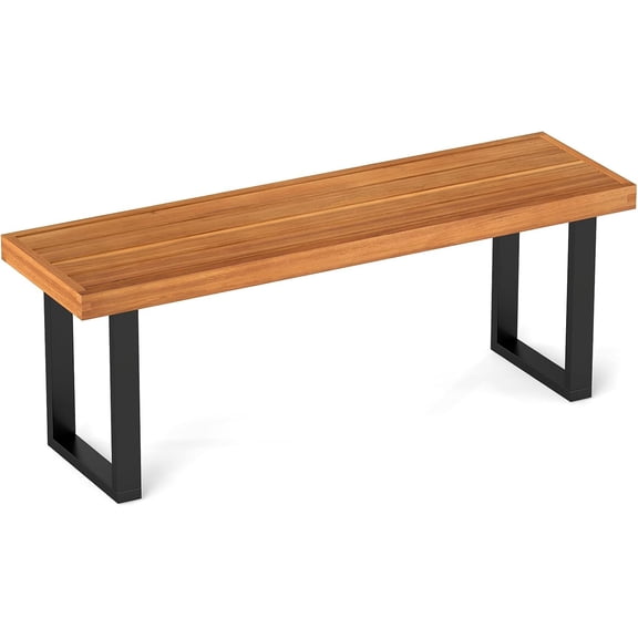 Outdoor Bench Acacia Wood - 48 Garden Patio Dining Bench w/Slatted Seat, Metal Legs, 2-Person Backless Picnic Loveseat, Farmhouse Indoor Outdoor Furniture for Entryway Deck Park Porch