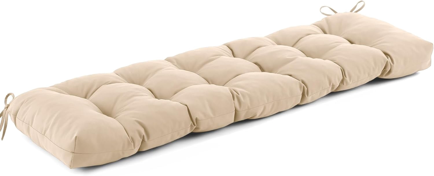 Outdoor Bench Cushion 48x18x5 Inch, Waterproof & Fade-Resistant Patio Furniture Cushions, Tufted Memory Foam Indoor/Outdoor Cushions for Couch Porch Swing with Non-Slip Backing & Straps, Beige