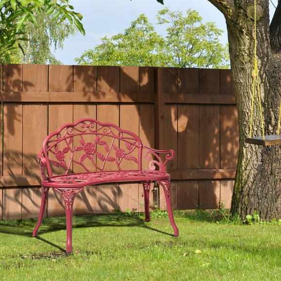Outdoor Bench, Metal Bench Chair with Curved Design and Rose Pattern, Red Arched Loveseat Bench for Patio Porch Garden Yard Lawn