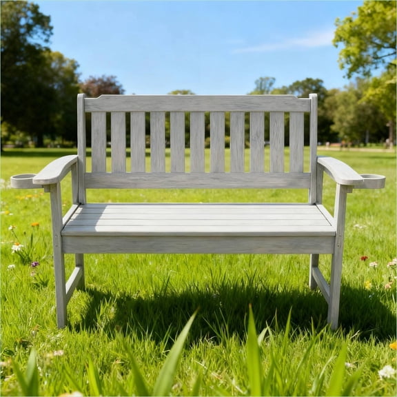 Outdoor Bench | Minimalist All-Weather Bench for Indoor, Patio & Courtyard Use, Easy Wipe Clean | Light Gray | Slat Back