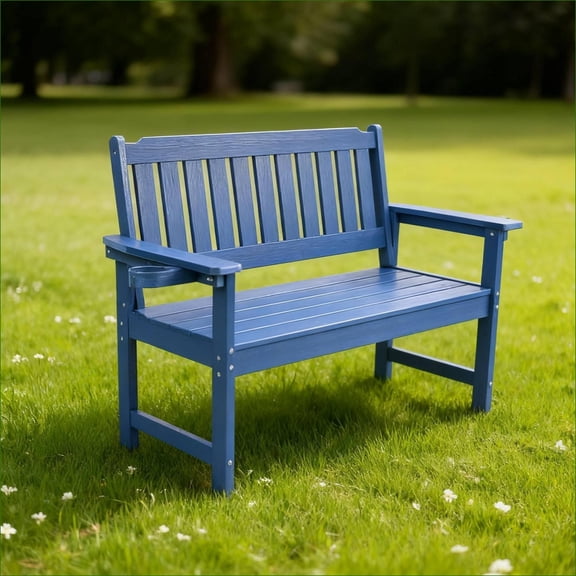 Outdoor Bench | Minimalist All-Weather Bench for Patio Courtyard Indoor Entryway, Easy Wipe Clean | Navy Blue | Slat Back