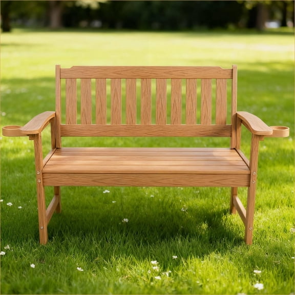 Outdoor Bench | Modern Minimalist Tan Brown All Weather, for Patio Indoor Outdoor, Easy Clean | Slat Back | Stainless Steel