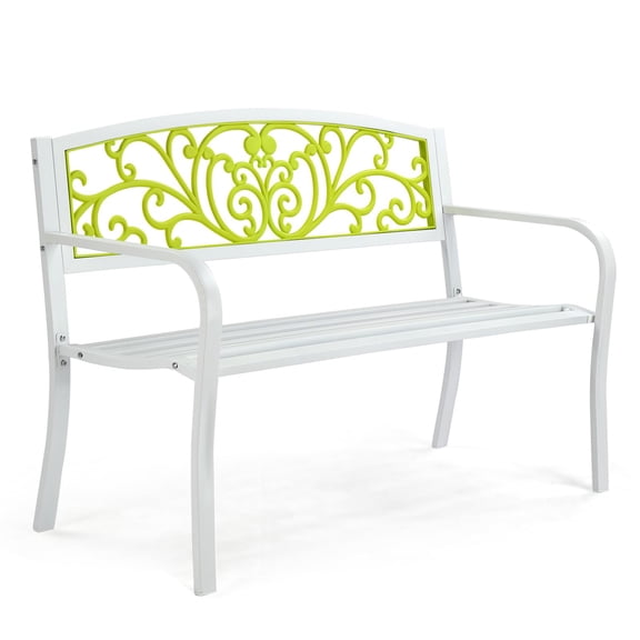 Outdoor Bench for Patio, Metal Garden Bench with PVC Back Pattern, Sturdy Black Park Bench for Front Porch, Yard, Lawn, Deck, Entryway, Weather-Resistant Seating for 2-3 People, White and Green