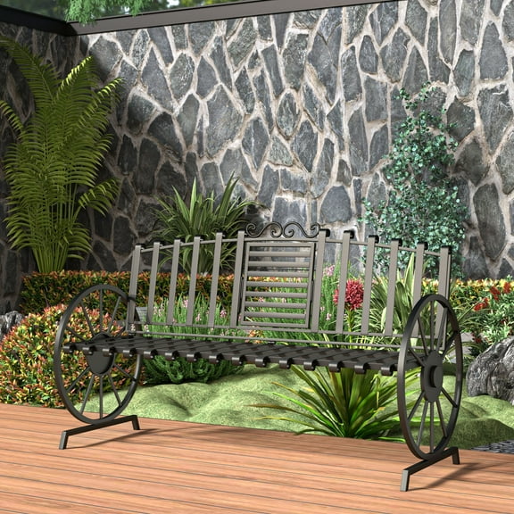 Outdoor Bench Patio, Metal Garden Bench with Built-in Table, 3-Person Park Bench for Lawn, Porch, Black