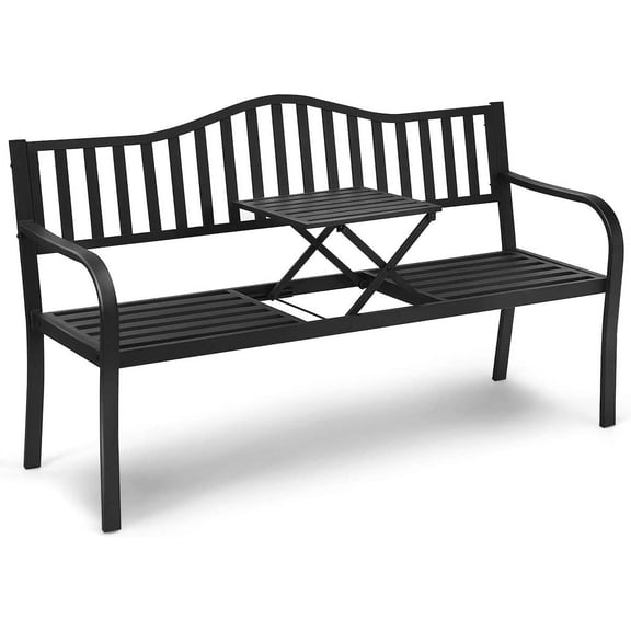 Outdoor Bench with Pullout Middle Table, 500Lbs Capacity, Outside Loveseat Chair, 2-3 Person Patio Seating, Metal Garden Benches for Front Porch Pool Deck Outside (Black)
