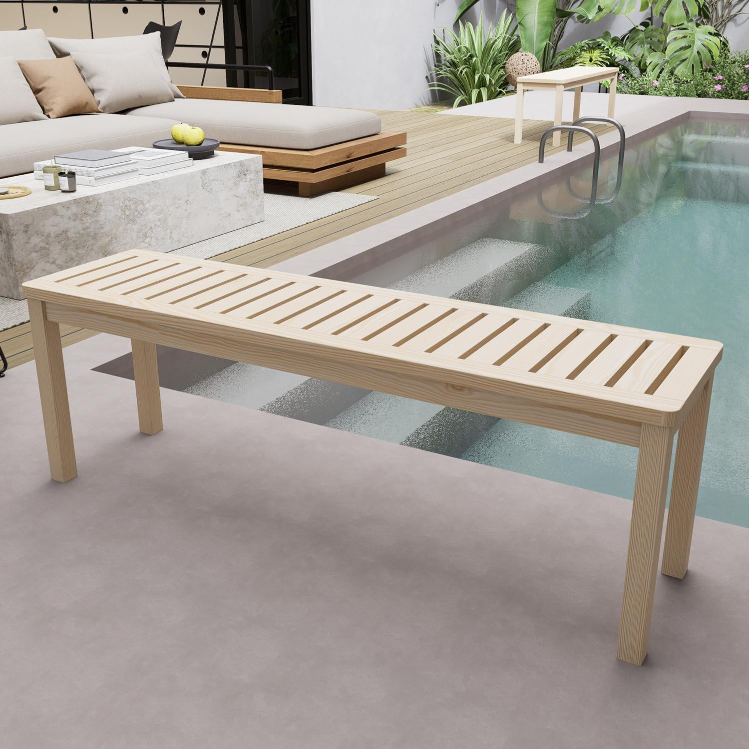 Outdoor Bench, Solid Wood Knot-Free Pine Backless Design with Slatted Seat, Modern Patio Bench for Garden or Living Room, Easy Assembly and Weather-Resistant Finish, 52 Inch Amber