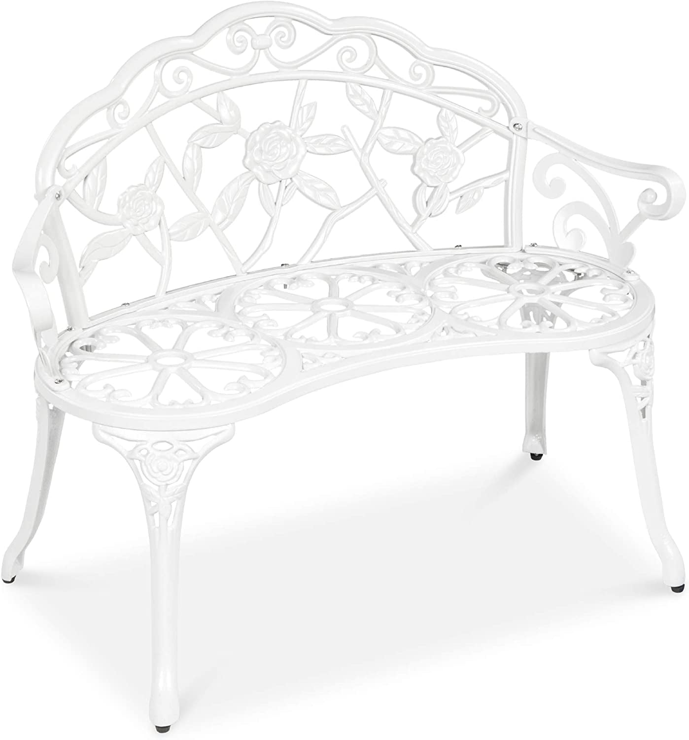 Elegant Antique-Style Rose Accented White Metal Garden Bench