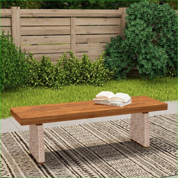 Outdoor Bench, Traditional Solid Acacia Wood for Patio Dining Garden Porch, Tan Brown Wicker, Teak Finish | Brown,Teak | Acacia Wood,Wicker