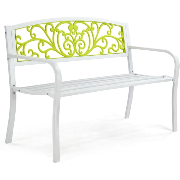 Outdoor Bench for Patio Metal Garden Bench w/PVC Back Pattern, Black Park Benches Front Porch Benches for Yard Lawn Decor Deck Entryway (White&Green)