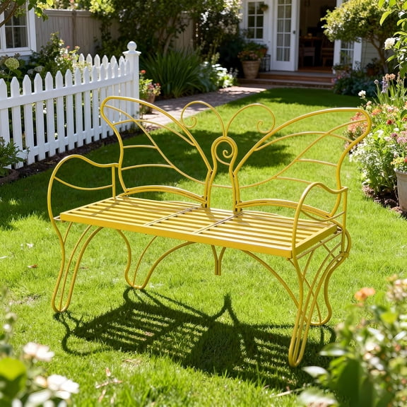 Outdoor Bench with Built-in Table, Yellow, 49.2inch | Patio Garden Bench, Butterfly Bench for Outside, 3 People Capacity, Front Porch Furniture