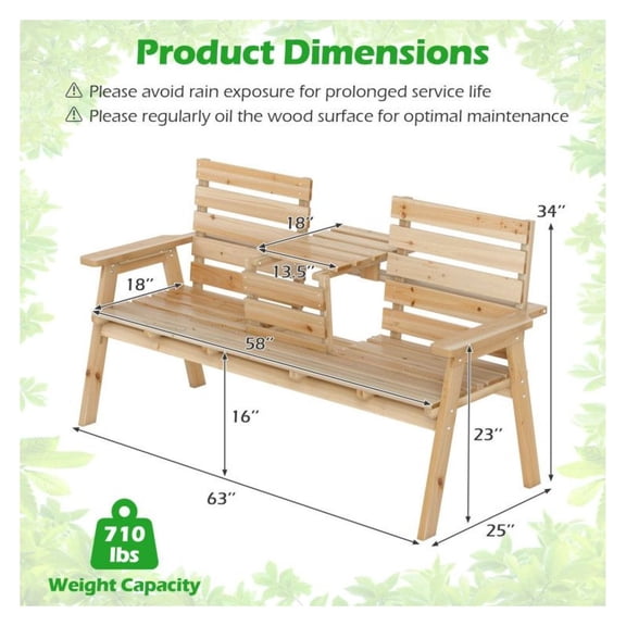 Outdoor Bench with Foldable Table - Fir Wood Patio Bench, 2-3 Seater, 710lbs Capacity - Garden Porch Backyard Furniture - Gray/Natural