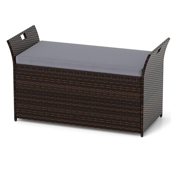 Outdoor Bench with Storage, PE Rattan Wicker Patio Bench with Hand-woven Design & Handles, Rustic Brown & Gray, 2-Seater, 68 Gal Storage