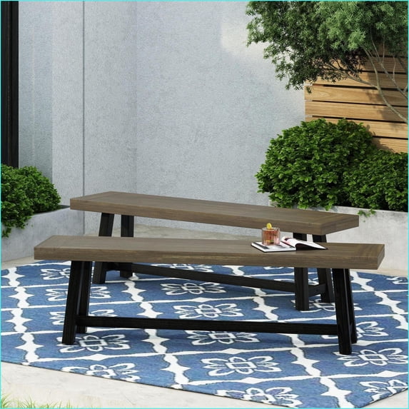 Outdoor Benches, Rustic Modern Acacia Wood Set of 2 - Sandblast Gray & Black | Patio Backyard | Grey+Black | Acacia Wood