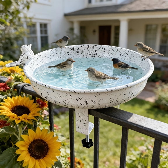 Outdoor Bird Bath, Bird Bath for Deck Railing, Railing Mounted Bird Bath, Winter Resistant Bird Bath, Sturdy 10X3X3 Inch Metal Bird Bath Sculpted Piece with Mounting Bracket for
