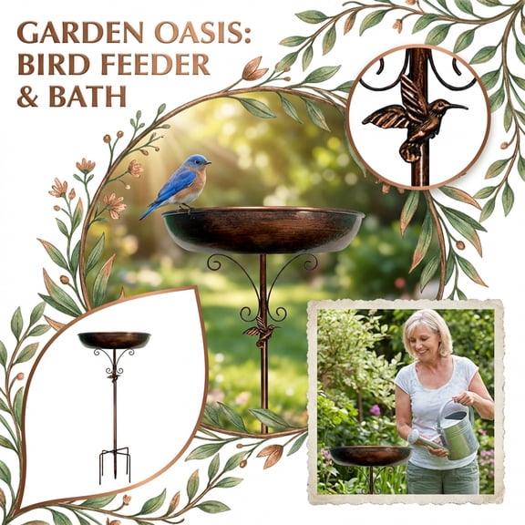 Outdoor Bird Bath & Feeder Bowl - Antique Copper Finish Birdbath with Decorative Metal Base & Hummingbird Accent, Durable Weather-Resistant Garden Stake for Porch & Backyard