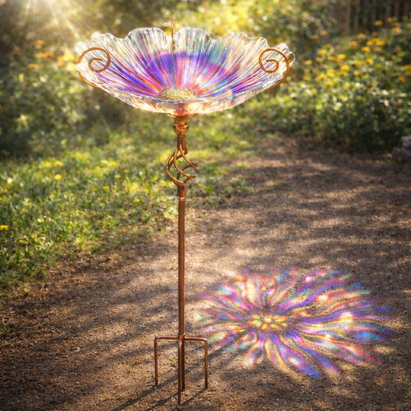 Outdoor Bird Bath,Flower-Shaped Glass Bird Bath, Metal Stand,Decorative Outdoor Garden Bird Feeder for Attracting Birds,Purple