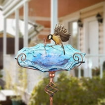 Outdoor Bird Bath Glass Birdbath Garden Bird Feeder with Metal Stake Blue