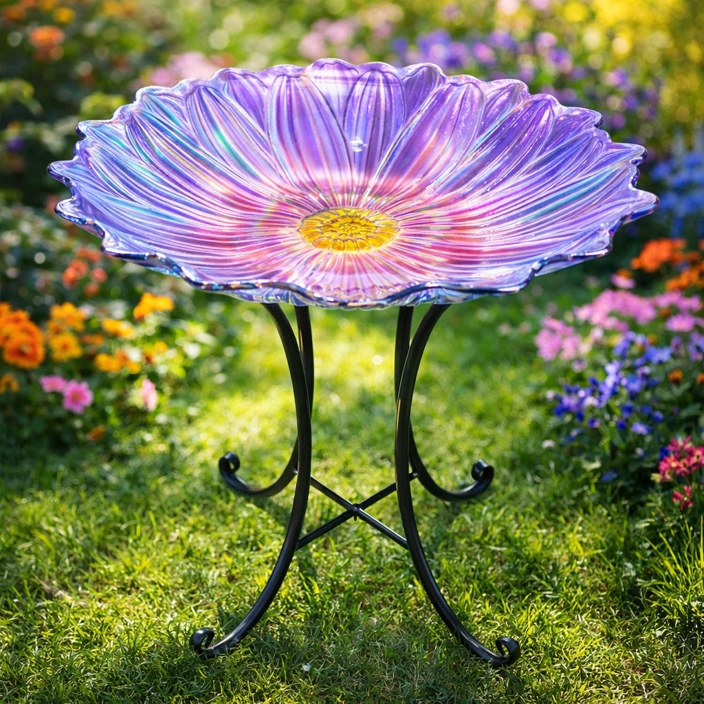 Outdoor Bird Bath, Mauve Flower Bird Bath with Metal Stand, Attract Birds, Patio Garden Decoration, Outdoor Decoration
