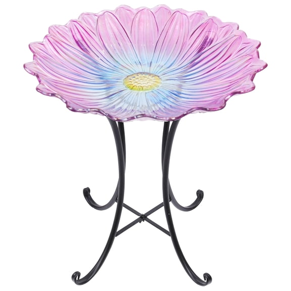 Outdoor Bird Bath, Pink Blue Flower Bird Bath with Metal Stand, Attract Birds, Suitable for Patio Garden Decoration, Outdoor Decoration