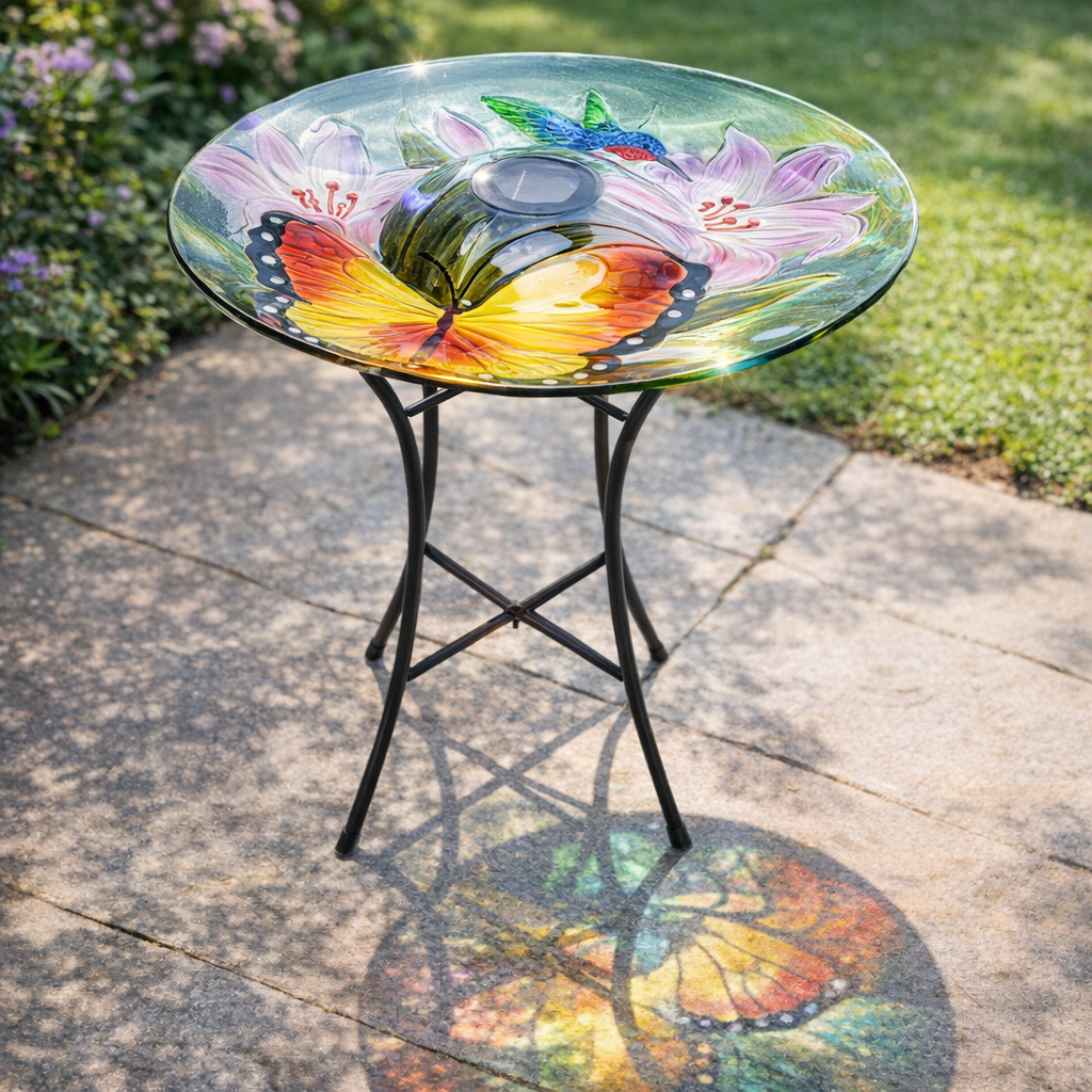 Outdoor Bird Bath, Solar Bird Bath, Butterfly Pattern, With Metal Stand, Attracts Birds, For Garden,Lawns,Patio